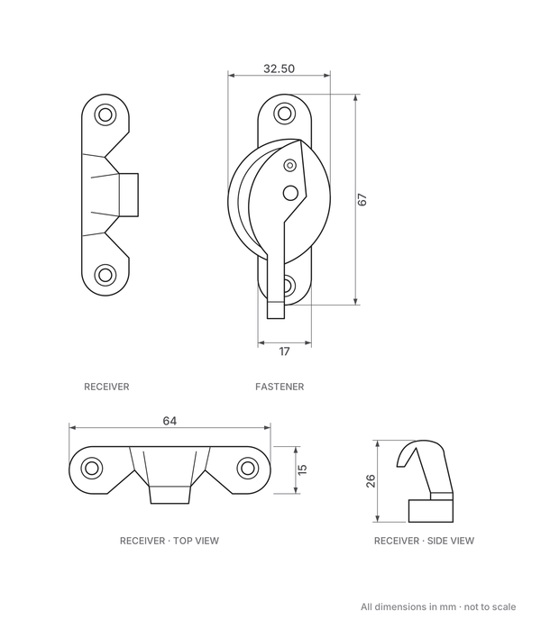 Fitch Pattern Sash Fastener dimensions diagram - 67mm x 17mm backplate, 64mm x 15mm receiver plate