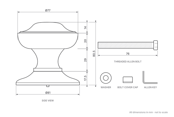 Traditional Centre Door Knob dimensions - 77mm diameter knob, 81mm rose, 80.5mm projection, 76mm threaded Allen bolt with washer, cover cap and Allen key