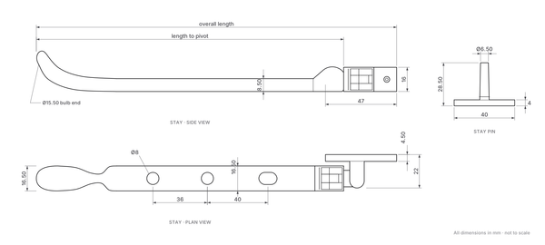Bulb End Casement Window Stay - Dimensions Diagram - 8.5mm bar, 16.5mm wide, 15.5mm bulb end, 8mm fixing holes at 36mm centres, 47mm bracket, stay pin 40 x 28.5mm