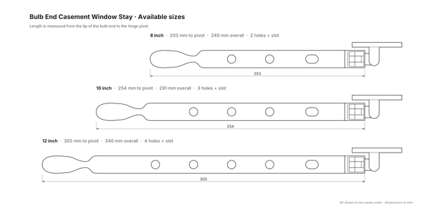 Bulb End Casement Window Stay - Available sizes - 8 inch (203mm), 10 inch (254mm) and 12 inch (305mm)