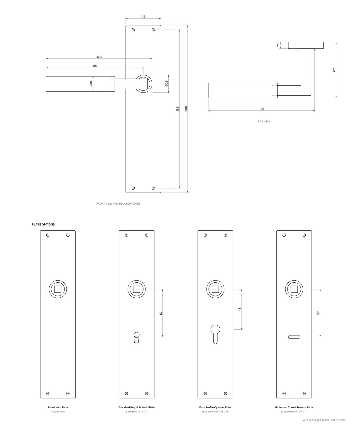 Bauhaus Lever on 200mm backplate dimensions – 200 x 42mm plate (8mm thick), 189mm fixing centres, 128mm lever, 67mm projection, Ø21 rose; latch, lock (57 CTC), euro (48 CTC) and bathroom (57 CTC) plate options