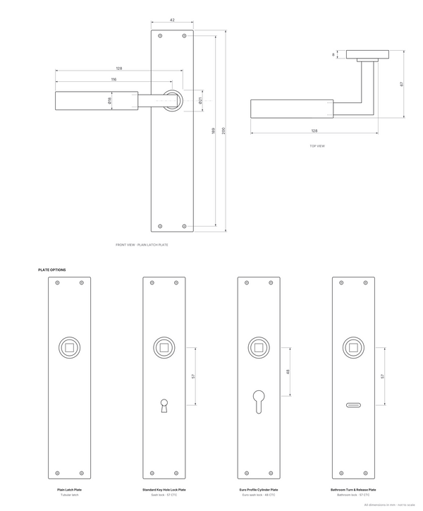 Bauhaus Lever on 200mm backplate dimensions – 200 x 42mm plate (8mm thick), 189mm fixing centres, 128mm lever, 67mm projection, Ø21 rose; latch, lock (57 CTC), euro (48 CTC) and bathroom (57 CTC) plate options