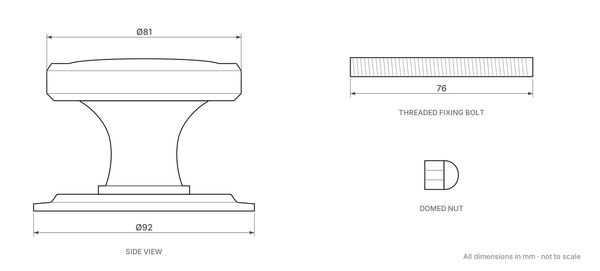 Victorian Style Centre Door Knob dimensions - 81mm diameter knob, 92mm diameter backplate, threaded fixing bolt and domed nut