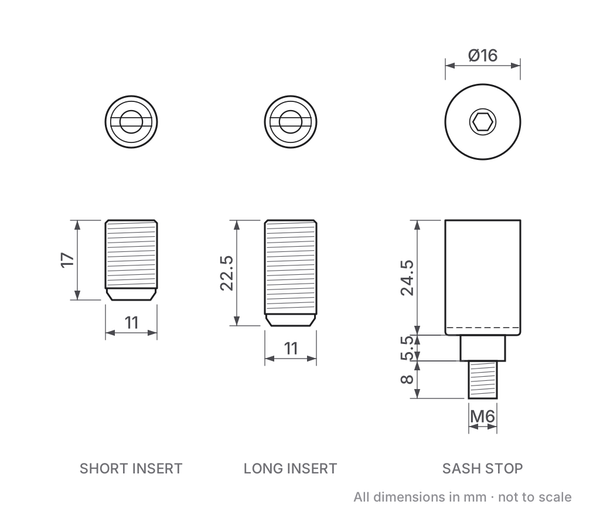 WF18 sash stop dimensions - 16mm diameter stop, M6 thread, 11mm short and long inserts