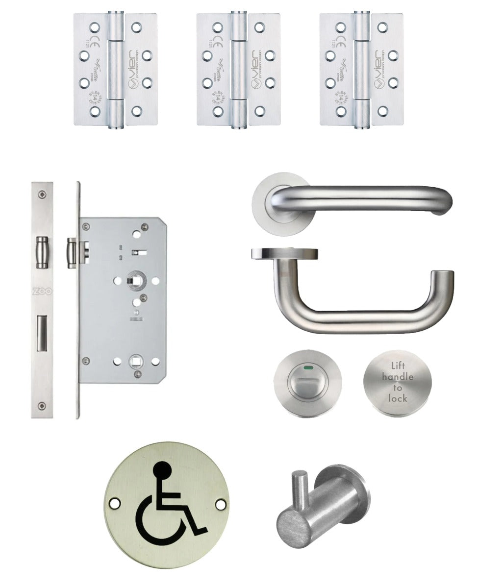 Accessible / Disabled WC Toilet Door - Lift Lever To Lock - Ironmongery Kit - For Non Fire Rated Doors - Satin Stainless Steel Ironmongery