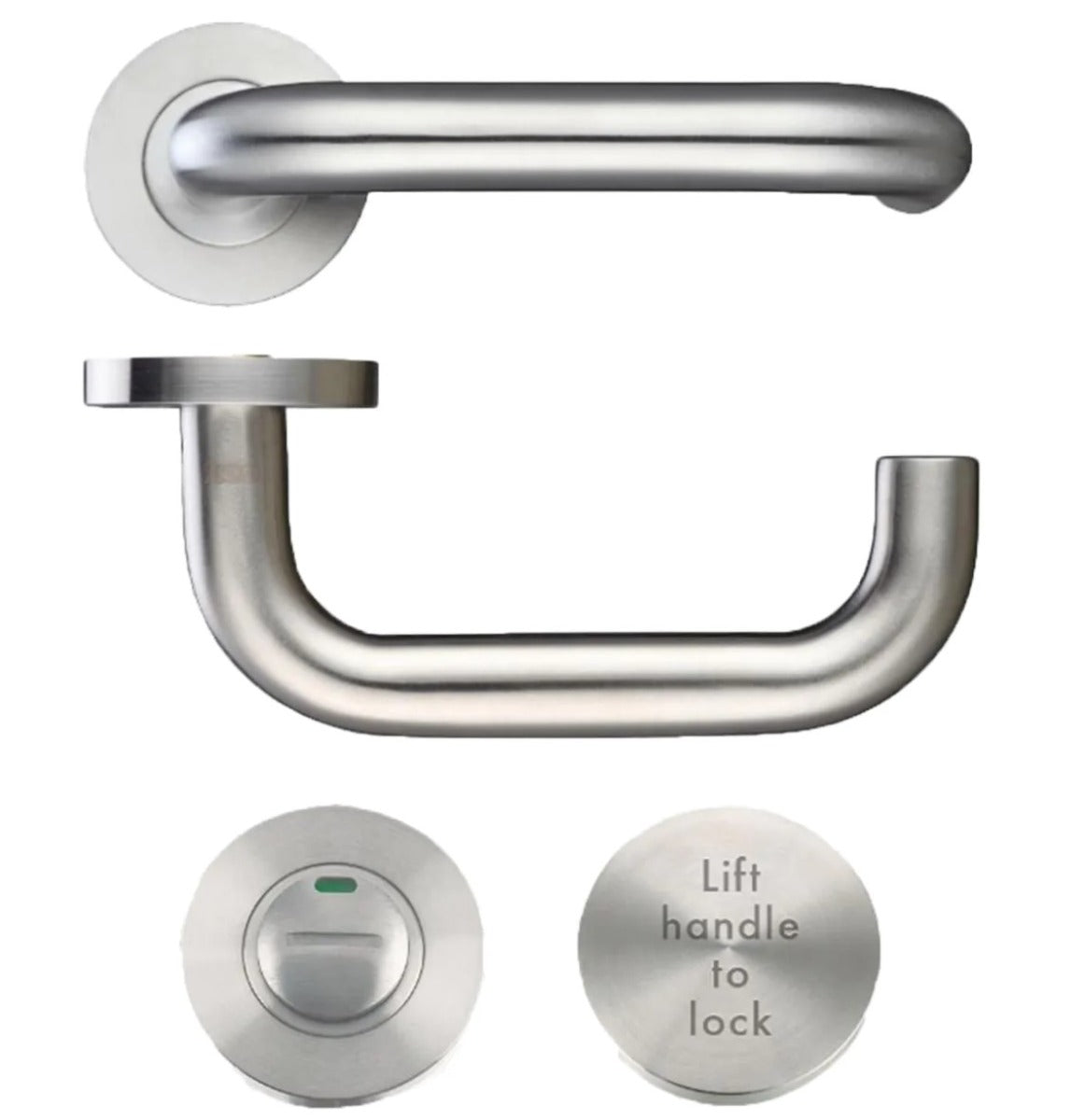 Lift to lock return to door lever handles with bathroom release - satin stainless steel