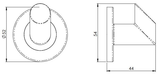 Angled Face Robe Hook - Concealed Fix Roses - 52mm Diameter - Diagram