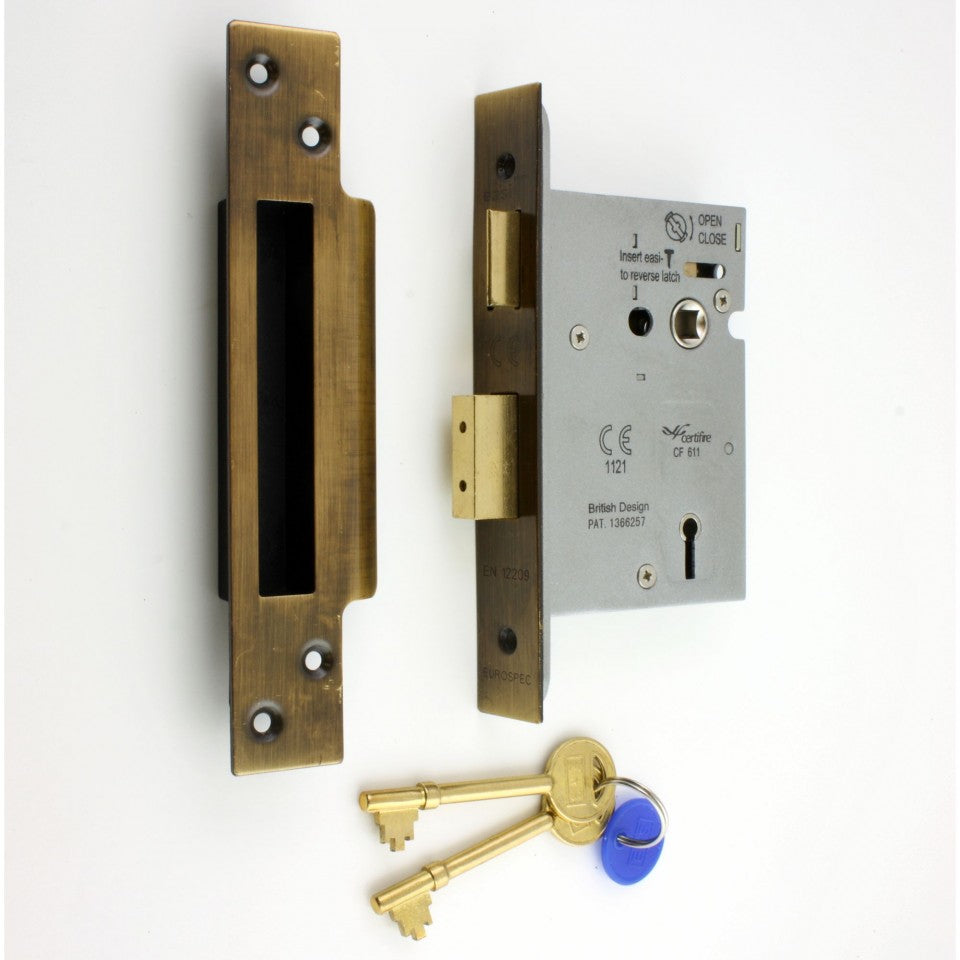 3 Lever Architectural Quality Mortice Sash Lock - CE Marked - Fire Rated - Certifire Aprroved - Antique Brass
