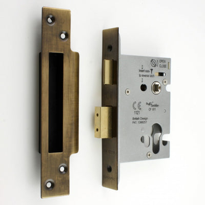 Architectural Quality Euro Profile Mortice Sash Lock Case - CE / UKCA Marked - Fire Rated - Certifire Approved - Antique Brass (Lacquered)