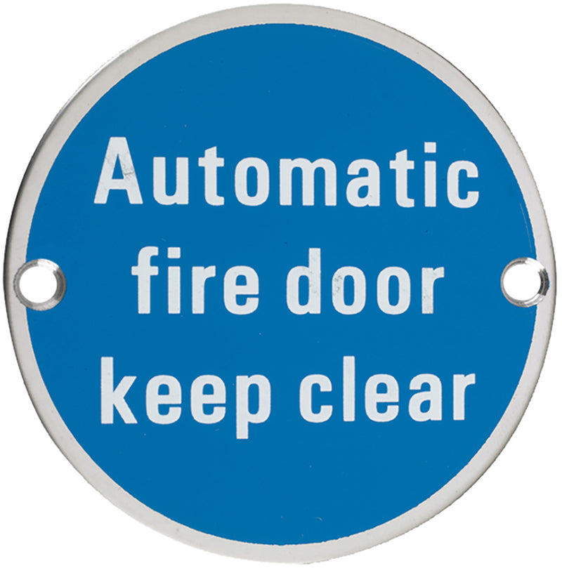 Automatic Fire Door Keep Clear - Circular Screw Fix Sign - Polished Stainless Steel Edge With Blue Background