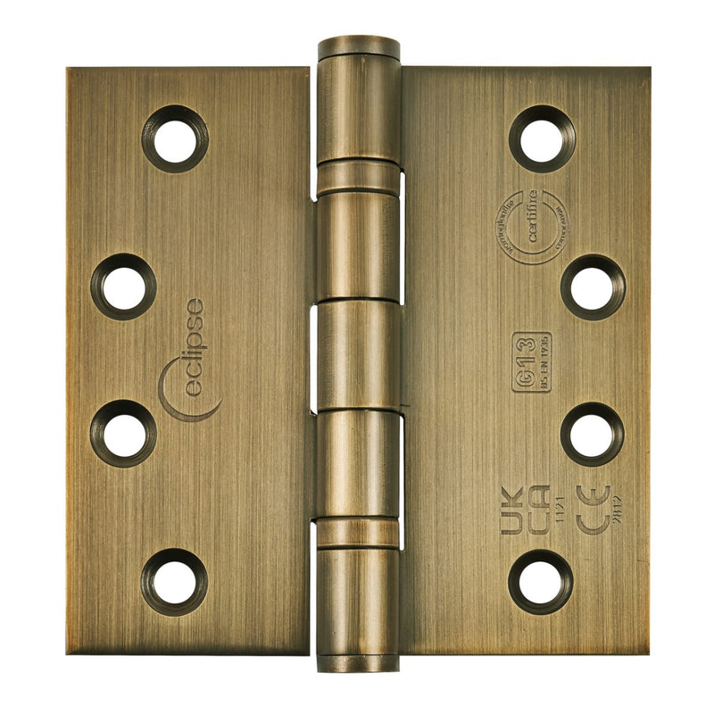 Ball Bearing Broad Butt Projection Hinges - Grade 13 - Fire Rated - CE / UKCA Marked - Certifire Approved - 120kg Weight Limit - 102mm x 102mm - Matt Antique Brass (Lacquered)