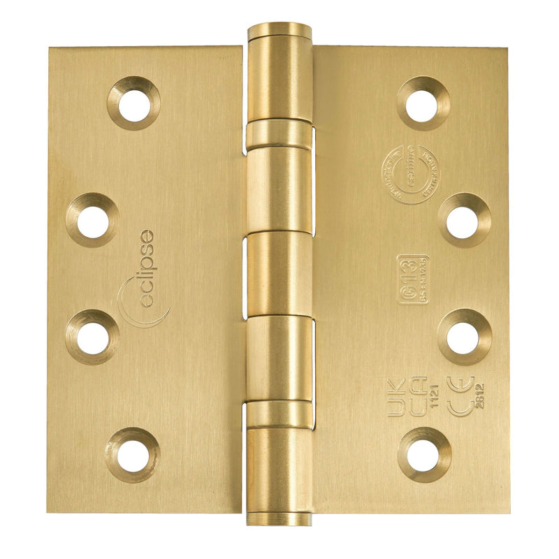 Ball Bearing Broad Butt Projection Hinges - Grade 13 - Fire Rated - CE / UKCA Marked - Certifire Approved - 120kg Weight Limit - 102mm x 102mm - Satin Brass Plated