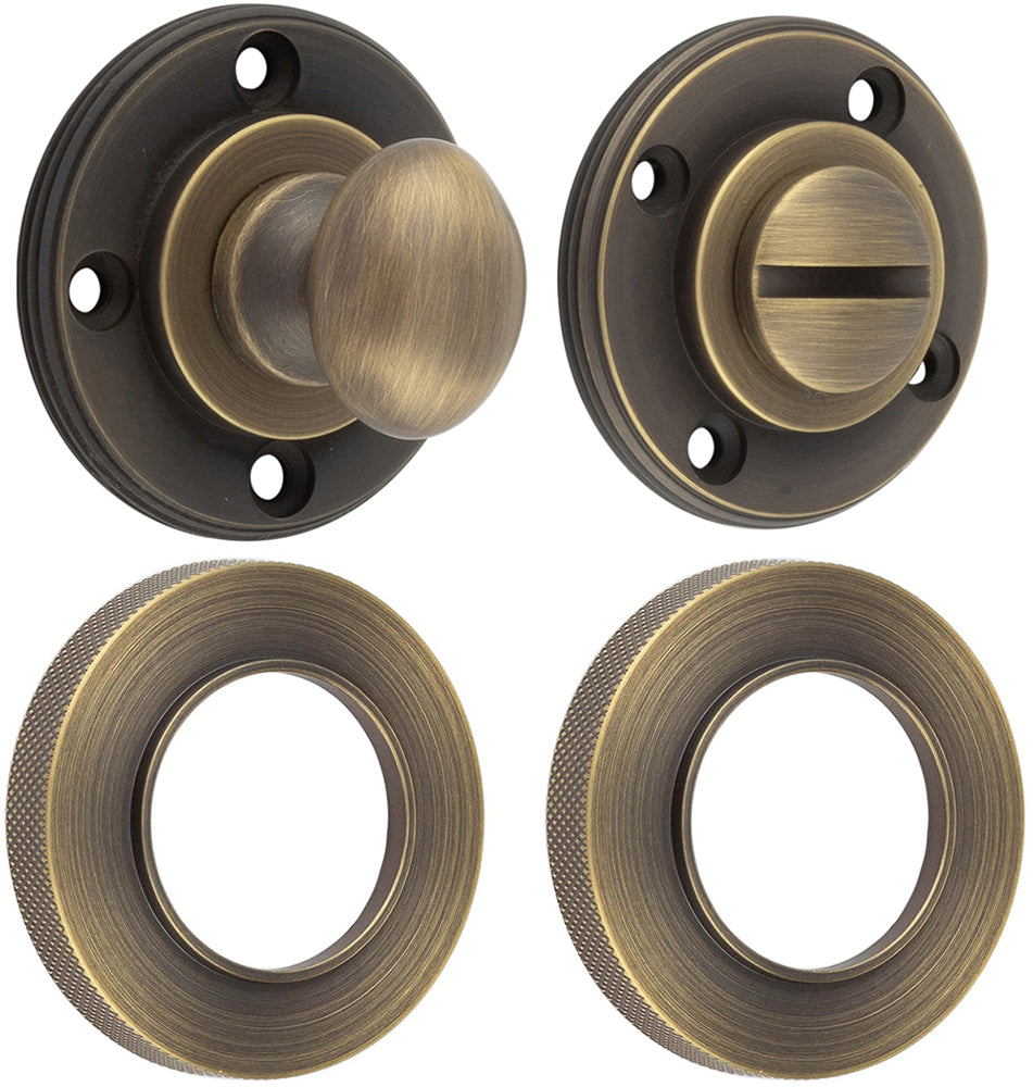Bathroom Oval Knob Turn & Release With Knurled Round Rose - 53mm x 10mm - Antique Brass