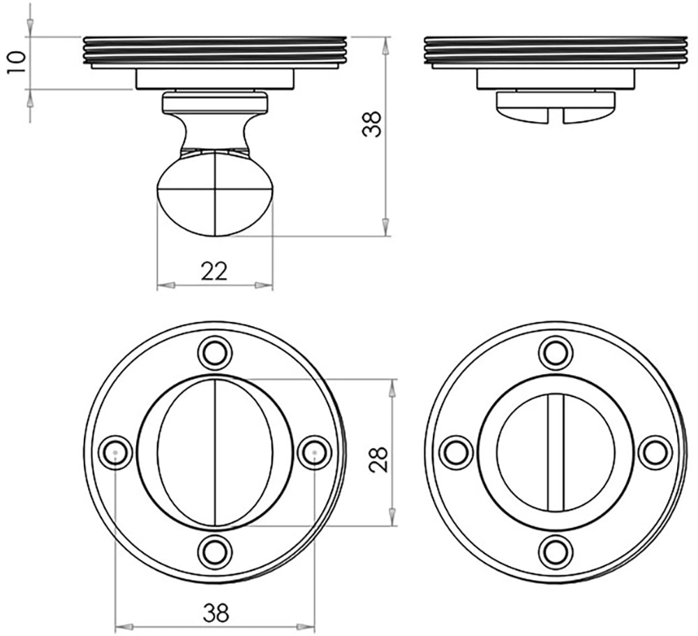 Bathroom Oval Knob Turn & Release With Knurled Round Rose - 53mm x 10mm - Diagram