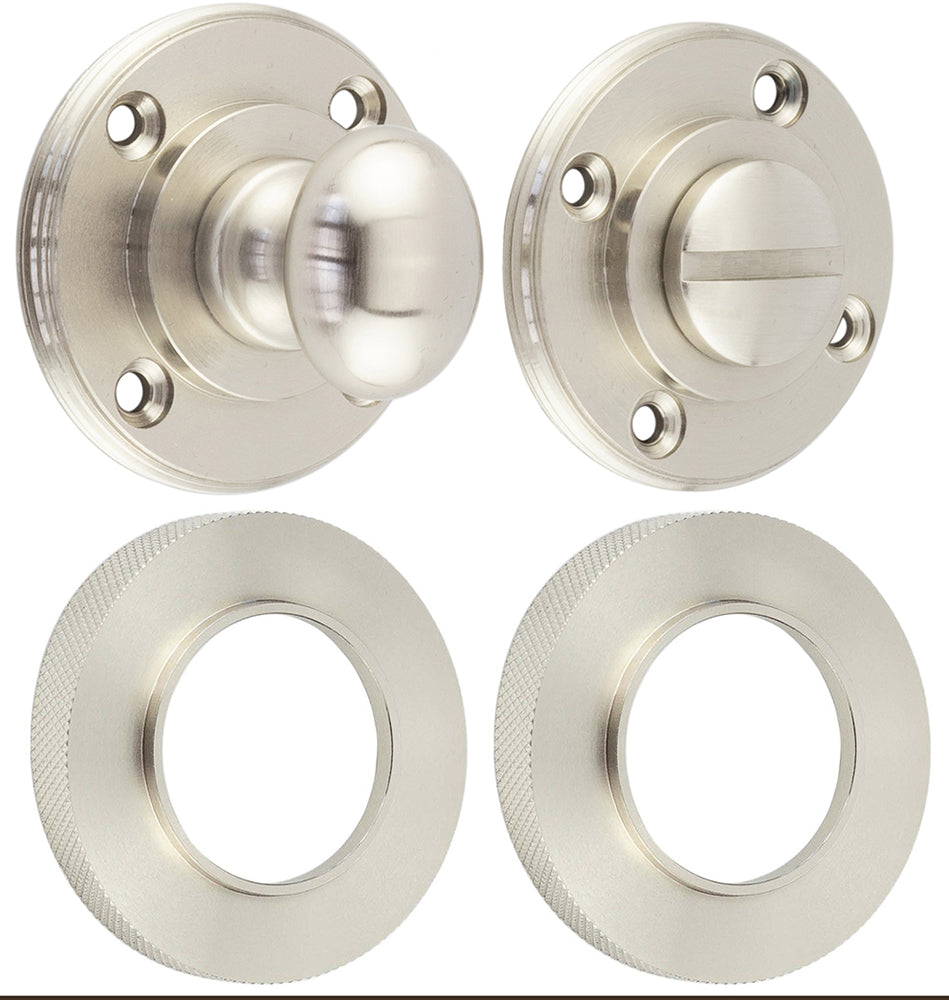Bathroom Oval Knob Turn & Release With Knurled Round Rose - 53mm x 10mm - Satin Nickel