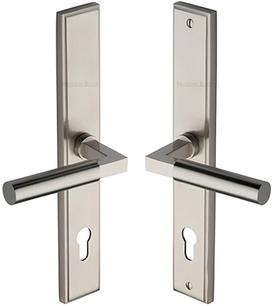Bauhaus Lever Multi Point Door Lever Handles - 92mm Euro Centres - 259mm Bolt Centres - 285mm x 44mm Back Plate - Satin Nickel