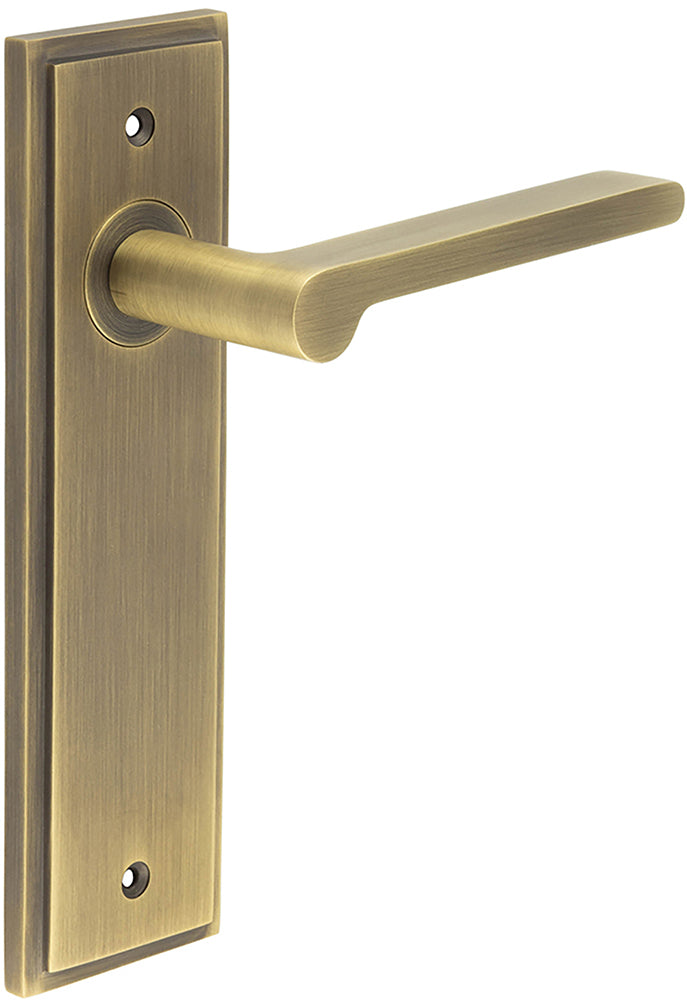 Blade Pattern Lever Handle On A Large Rectangular Backplate - Antique Brass