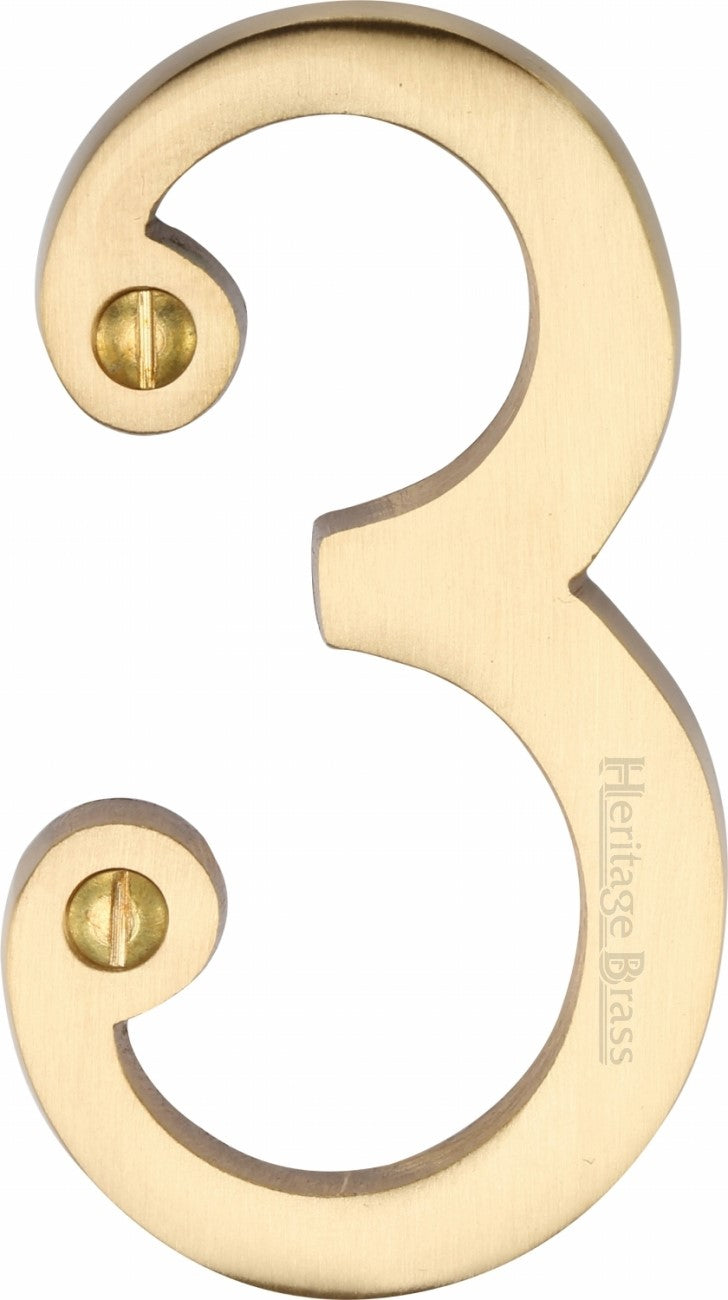 Satin Brass 76mm High Screw Fix House Number 3