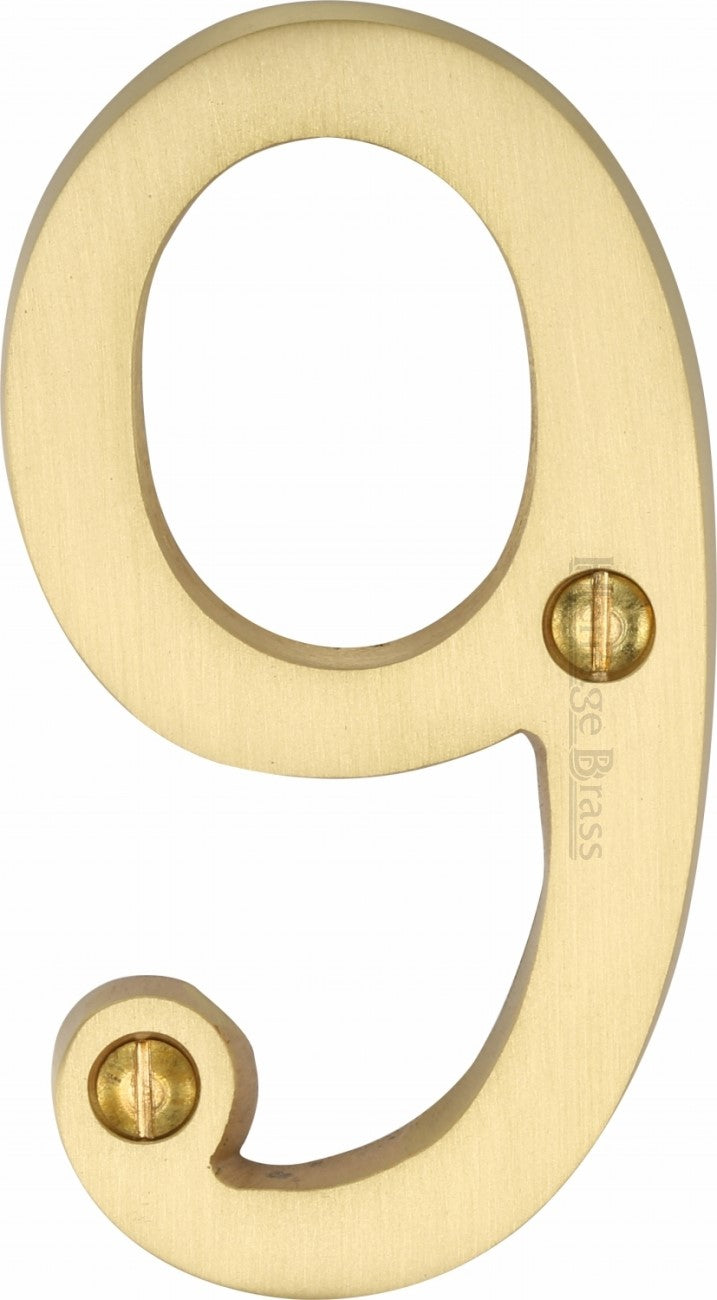 Satin Brass 76mm High Screw Fix House Number 9