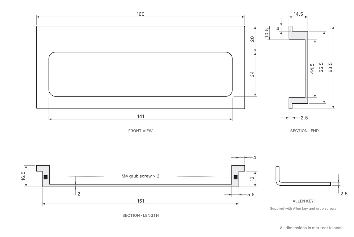Flush Pull Handle With Grip Section For Hinged Swing Doors 160mm x 63mm - Diagram
