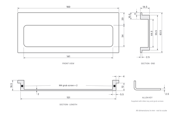 Flush Pull Handle With Grip Section For Hinged Swing Doors 160mm x 63mm - Diagram