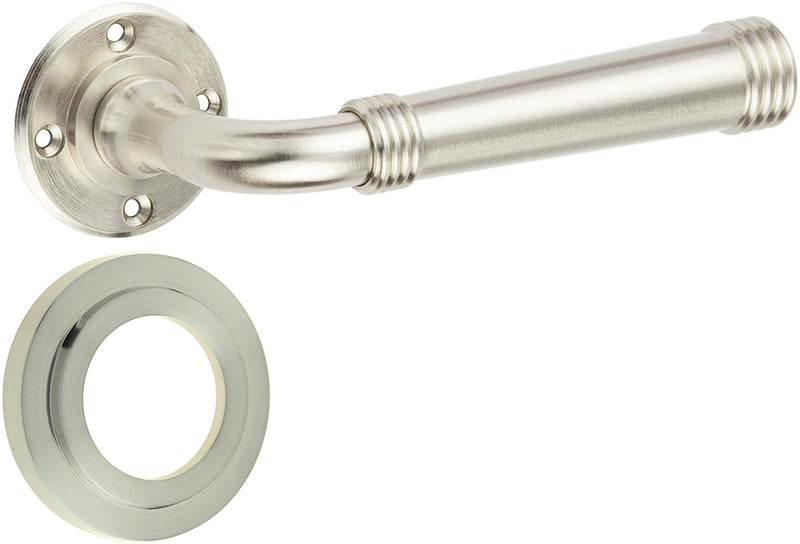 Classic Pattern Lever Handles With Ring Detail With Stepped Round Rose - Suitable For Use With FD30 / FD60 Fire Doors - Satin Nickel