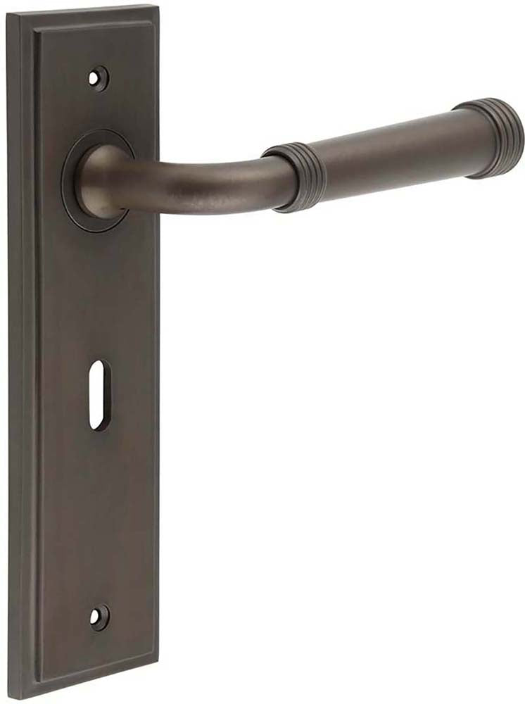 Classic Pattern Lever Handle With Ring Detail On A Large Rectangular Backplate - Dark Bronze