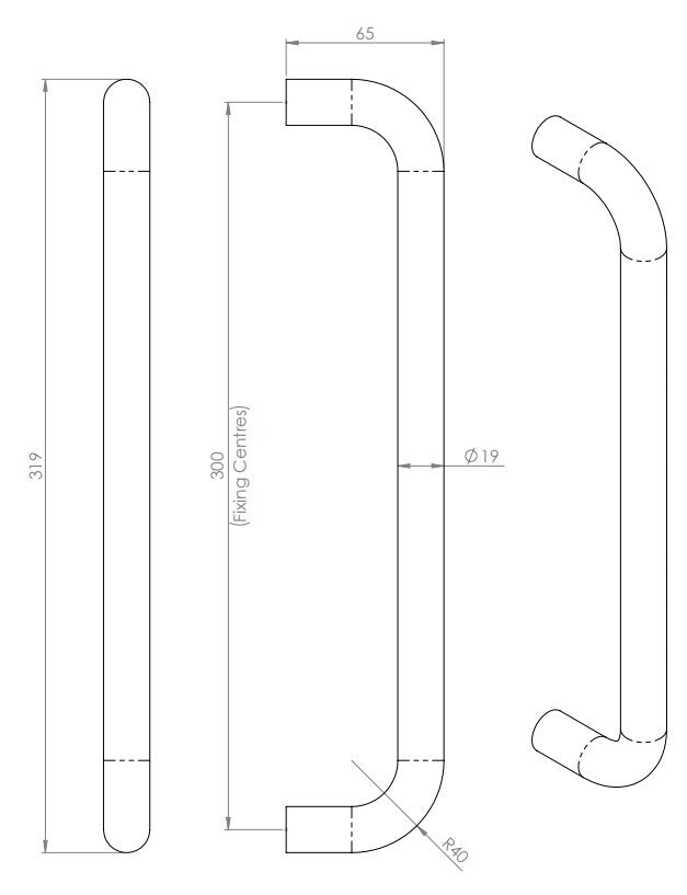 D Shaped Pull Handle - Bolt Through Fixing - Diagram