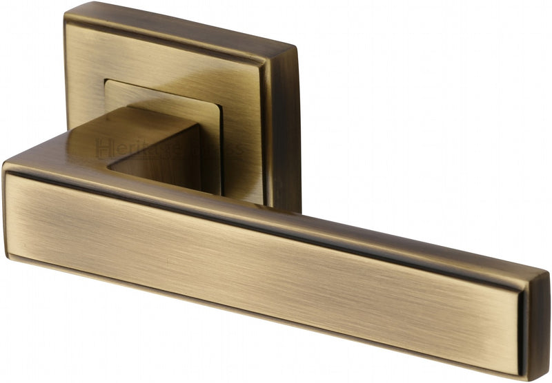 Linear - Square Rose Lever Handles Only - Antique Brass