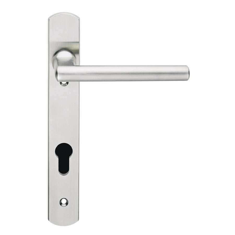 Designer Narrow Style Multi Point Door Lever Handles - 92mm Euro Centres - 123.5mm Bolt Centres - 240mm x 32mm Back Plate - Satin Stainless Steel