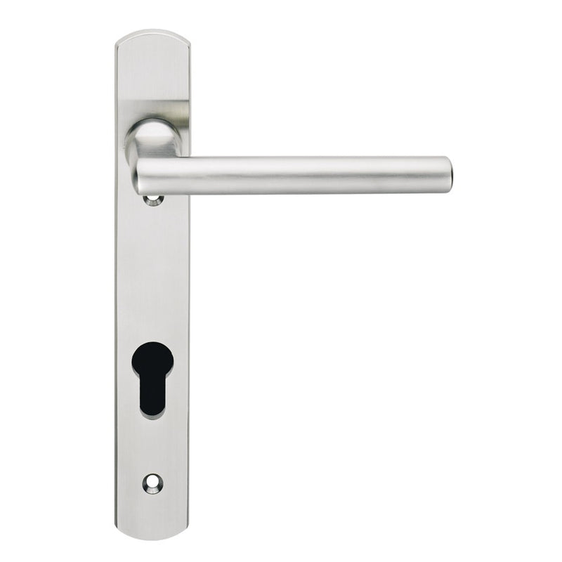 Designer Narrow Style Multi Point Door Lever Handles - 92mm Euro Centres - 123.5mm Bolt Centres - 240mm x 32mm Back Plate - Satin Stainless Steel
