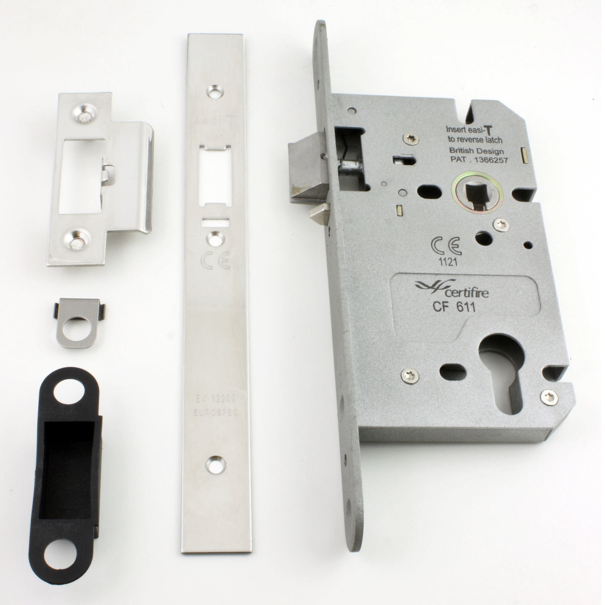 DIN Style Anti-Thrust Mortice Night Latch - Complete Set - With Handles & Cylinder - Polished Stainless Steel