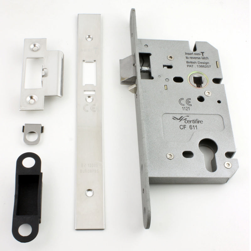 DIN Style Anti-Thrust Mortice Night Latch - Complete Set - With Handles & Cylinder - Polished Stainless Steel