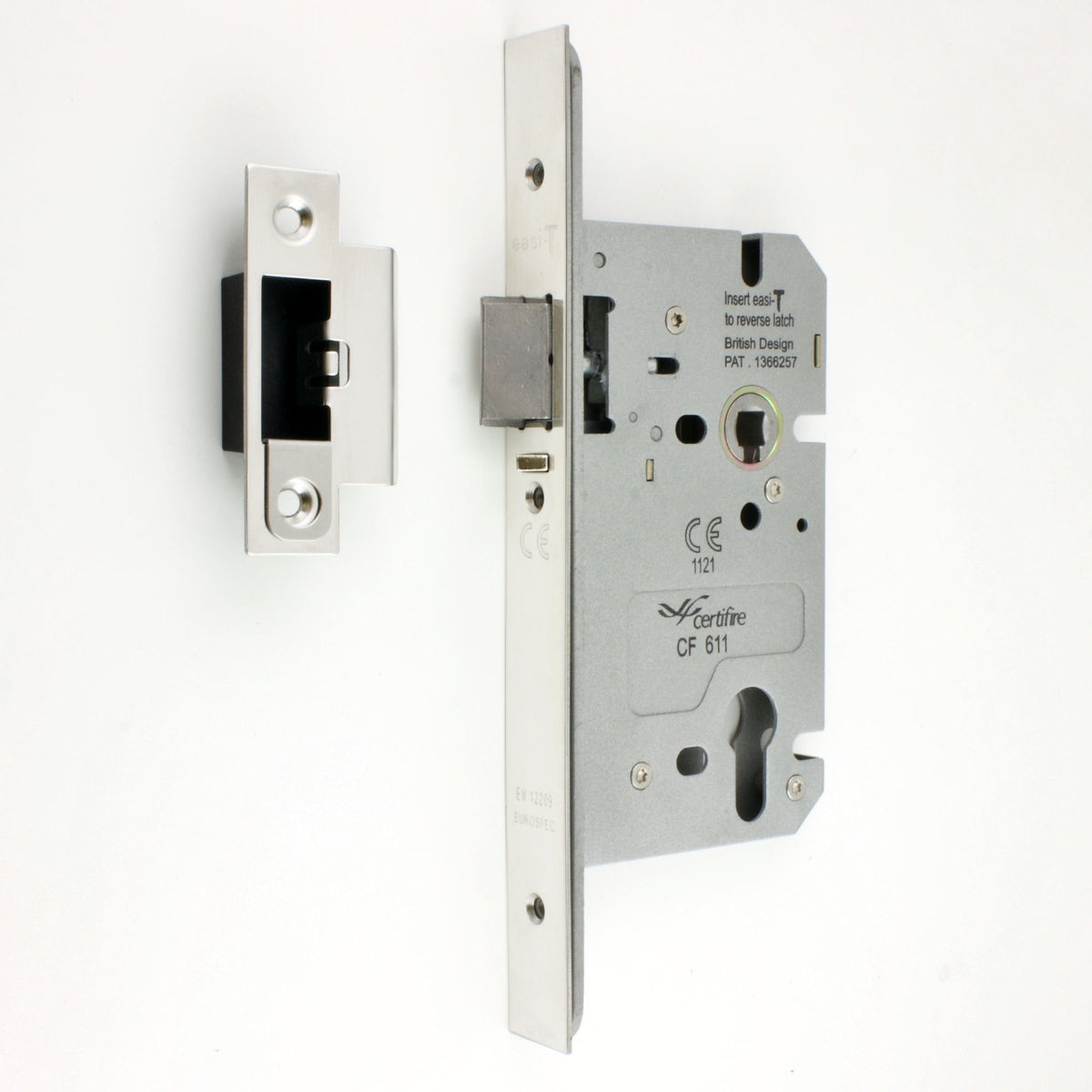 DIN Style Anti-Thrust Mortice Night Latch - Complete Set - With Handles & Cylinder - Polished Stainless Steel
