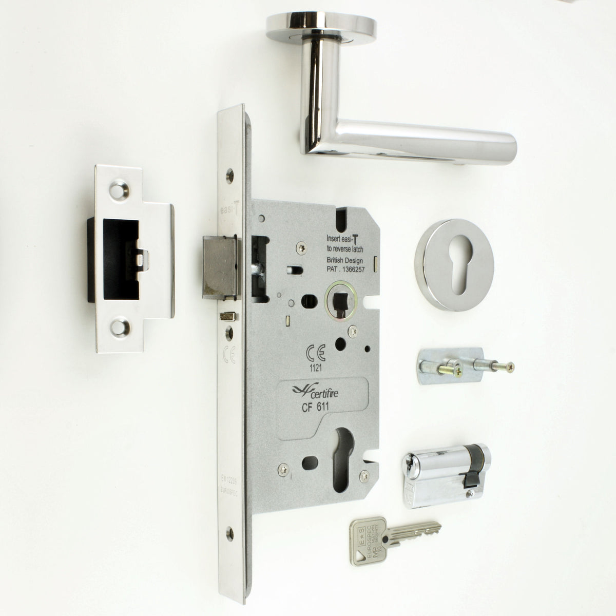 DIN Style Anti-Thrust Mortice Night Latch - Complete Set - With Handles & Cylinder - Polished Stainless Steel