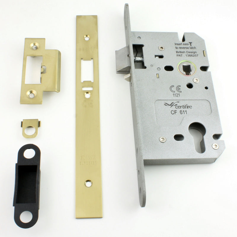 DIN Style Anti-Thrust Mortice Night Latch - Complete Set - Supplied With Handles & Cylinder - Polished Brass