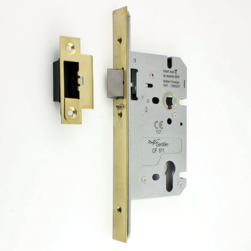 DIN Style Anti-Thrust Mortice Night Latch - Complete Set - Supplied With Handles & Cylinder - Polished Brass