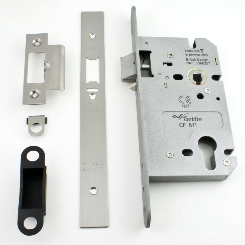DIN Style Anti-Thrust Mortice Night Latch - Complete Set - With Handles & Cylinder - Satin Stainless Steel