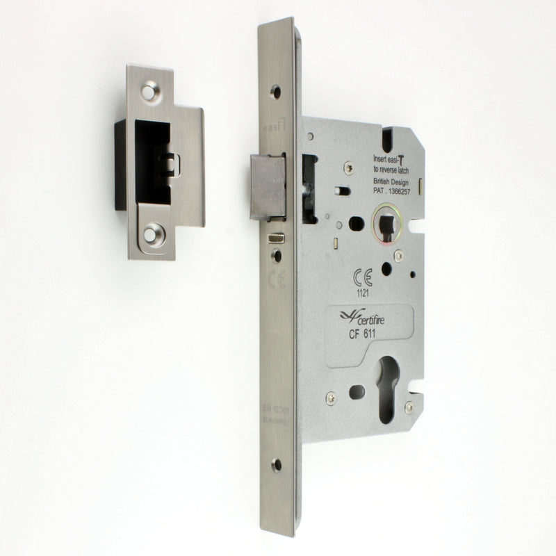 DIN Style Anti-Thrust Mortice Night Latch - Complete Set - With Handles & Cylinder - Satin Stainless Steel