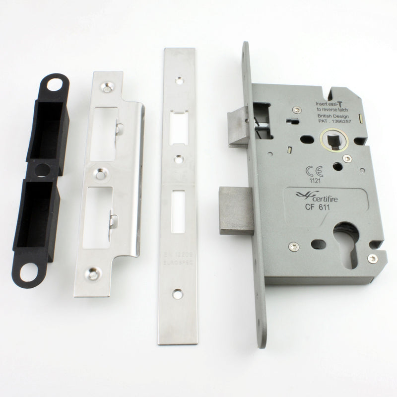 DIN Style Euro Profile Sash Lock - 60mm Backset - 72mm Centres - Polished Stainless Steel (Shiny Finish)