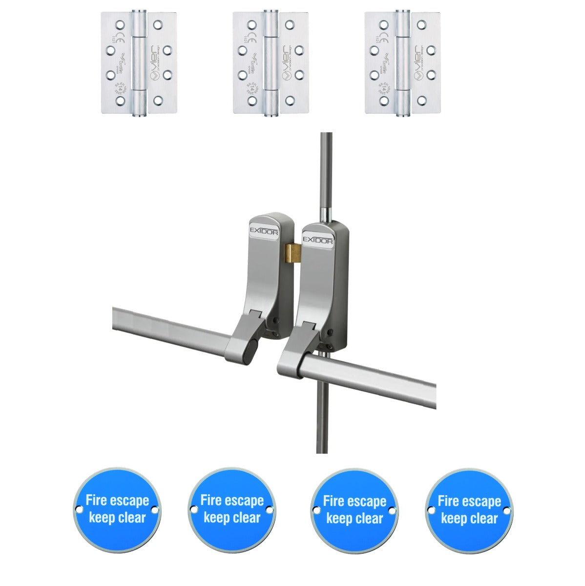 Double Rebated Fire Escape Doors With External Lock - Ironmongery Kit - Satin Stainless Steel / Silver Ironmongery