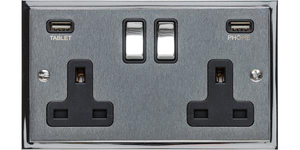 Double Socket With USB Chargers - Elite Stepped Pattern Plate - Flat Plate With Square Edges - Dual Finish Satin Chrome & Polished Chrome