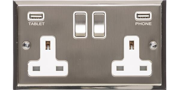 Double Switched Socket With USB Chargers - Elite Stepped Pattern Plate - Flat Plate With Square Edges - Dual Finish Satin Nickel & Polished Nickel