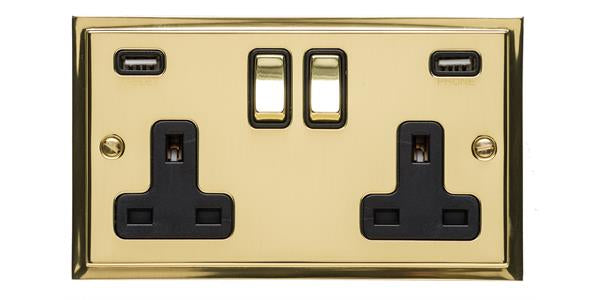 Double Socket With USB Chargers - Elite Stepped Pattern Plate - Flat Plate With Square Edges - Polished Brass