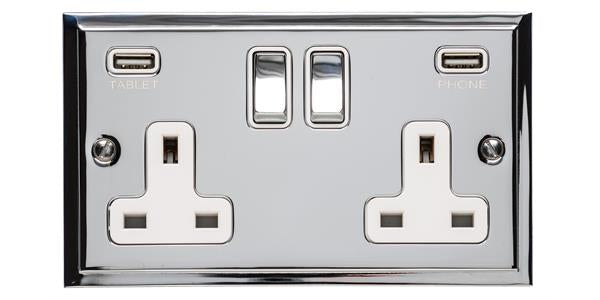 Double Socket With USB Chargers - Elite Stepped Pattern Plate - Flat Plate With Square Edges - Polished Chrome