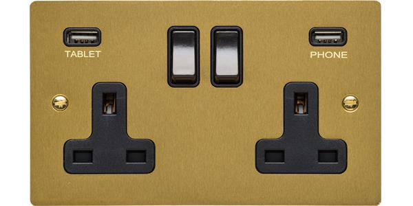 Double Socket With USB Chargers - Flat Plate With Rounded Corners - Satin Brass