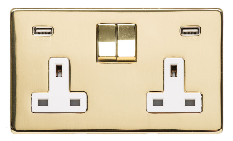 Double Socket With USB Chargers - Studio Concealed Fix Range - Flat Screwless Plate With Rounded Edges - Polished Brass