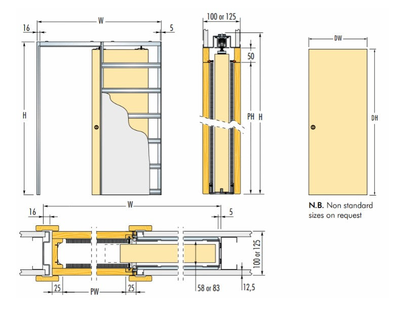 Eclisse Fire Rated Sliding Pocket Door System - Single Fire Door FD30 Kit - 100mm Finished Wall Thickness - Supplied With Brown Intumescent Seals