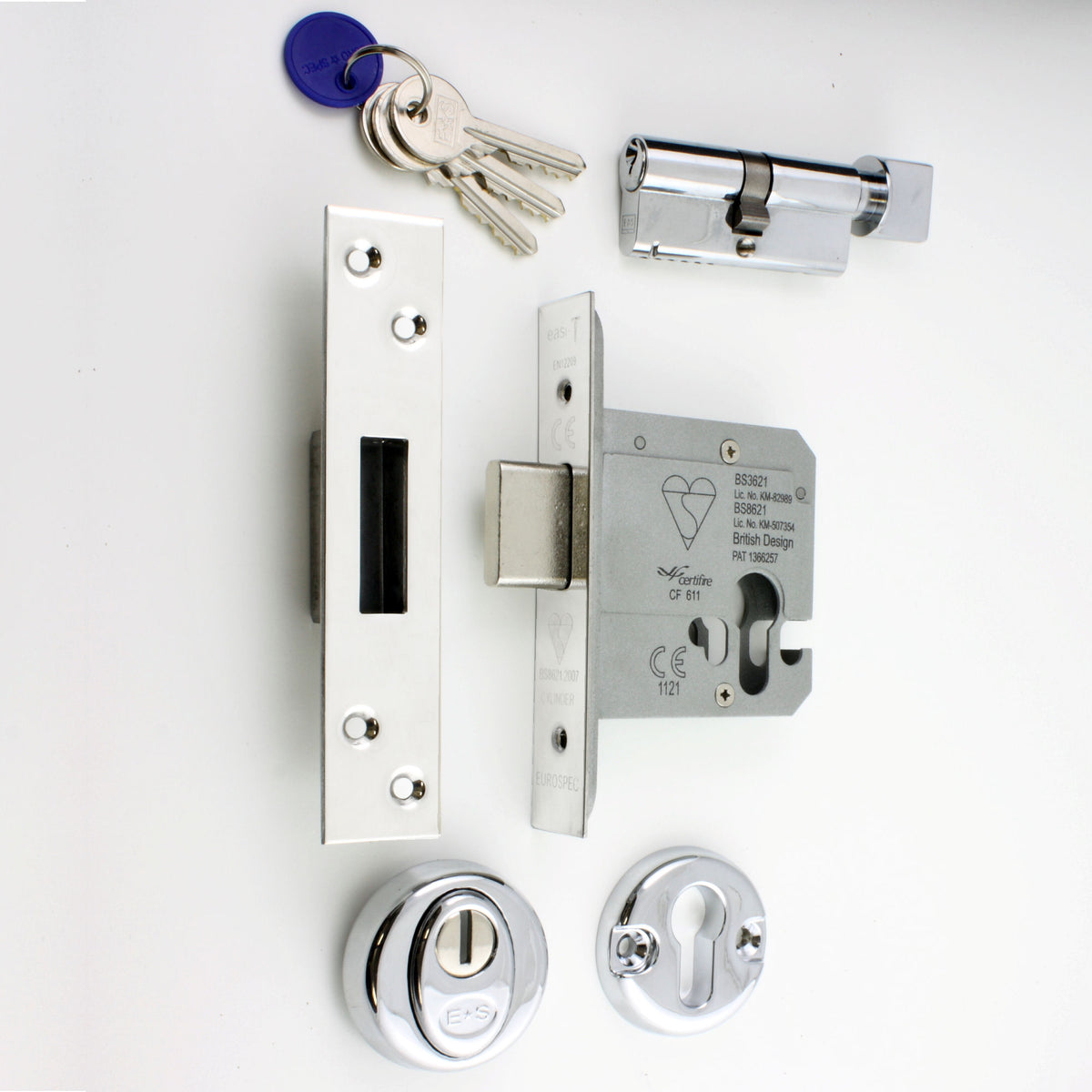 Euro Profile Cylinder Deadlock - Key / Thumb-Turn Operated BS 8621 Rated - Polished Stainless Steel (Shiny Finish) - G Johns & Sons Ltd - Architectural Ironmongery