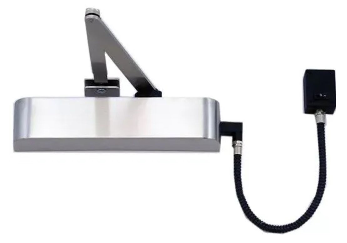 Electromagnetic overhead door closer with swing free and anti-slam - EN power size 4 - satin stainless steel